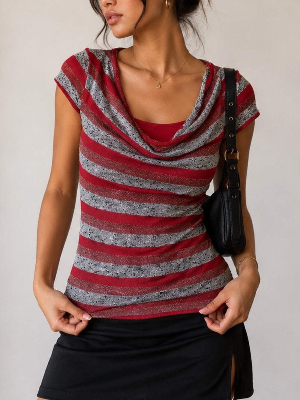 Candy Couture Y2K Red & Silver Striped Cowl Neck Top
